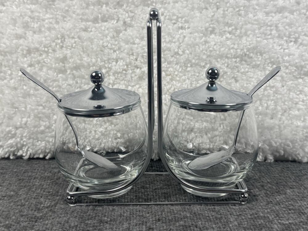 Chrome & Glass Jam/Condiment Caddy Carrier Server Mid Century Serving Set - READ